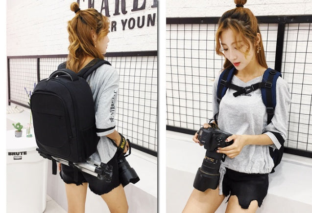 Waterproof camera laptop backpack in black with padded compartments and adjustable shoulder straps