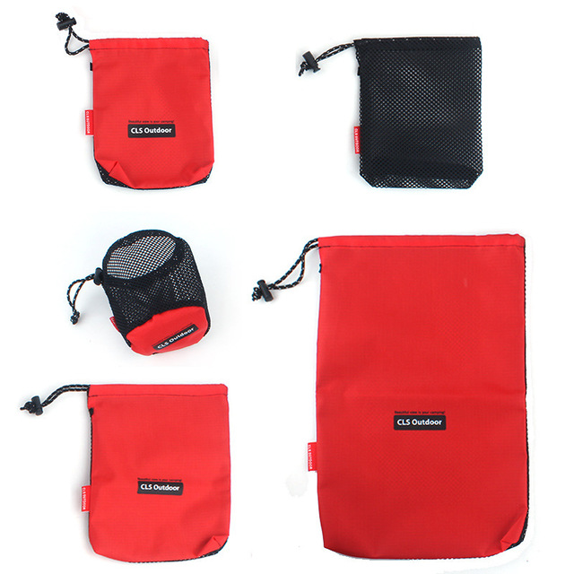 Five-piece Oxford drawstring bags in assorted colors, reusable storage pouches with secure cord closures