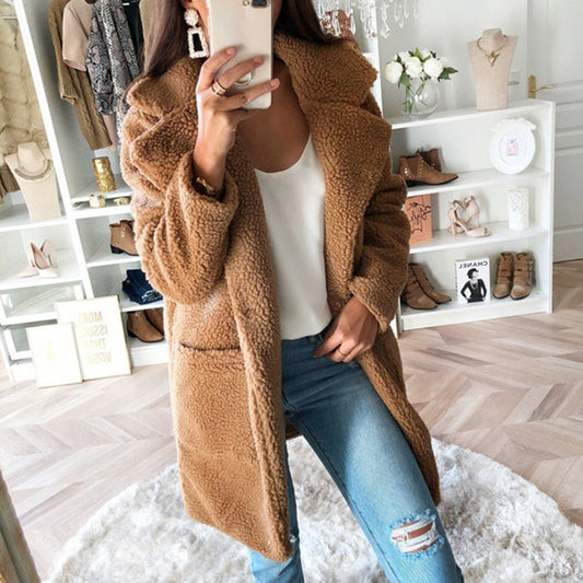 Women's long faux fur coat with suit collar, casual style