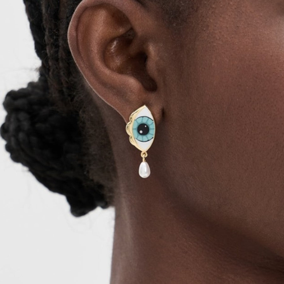 Stainless steel blue-eyed pearl earrings with iridescent blue and white pearl details