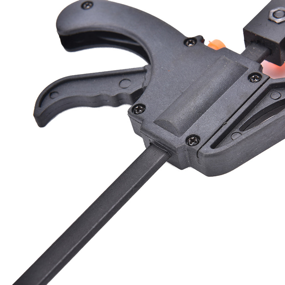 Woodworking F-clamp clip shown in profile, heavy-duty metal construction