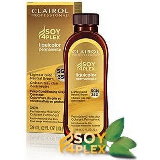 Clairol Professional Permanent Light Gold Neutral Blonde hair color bottle with product label and color swatch.