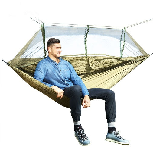 Army green outdoor parachute cloth double hammock with mosquito net and portable camping aerial tent design