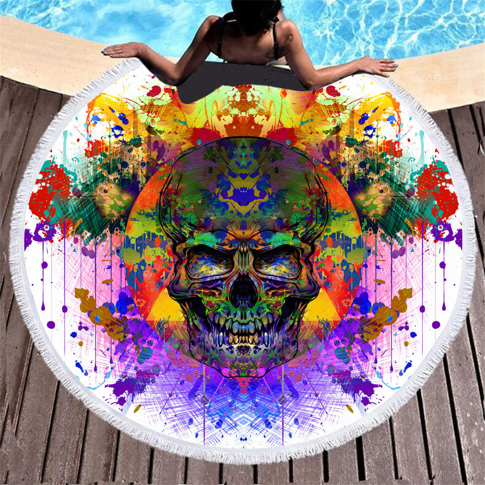 Skull print with tassel round beach towel featuring a bold skull design and decorative tassel edge