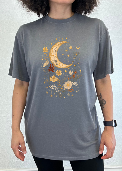 Unisex bamboo cotton T-shirt featuring celestial moon, boho flowers, vintage design, by Spun Bamboo, with printed graphic on front.