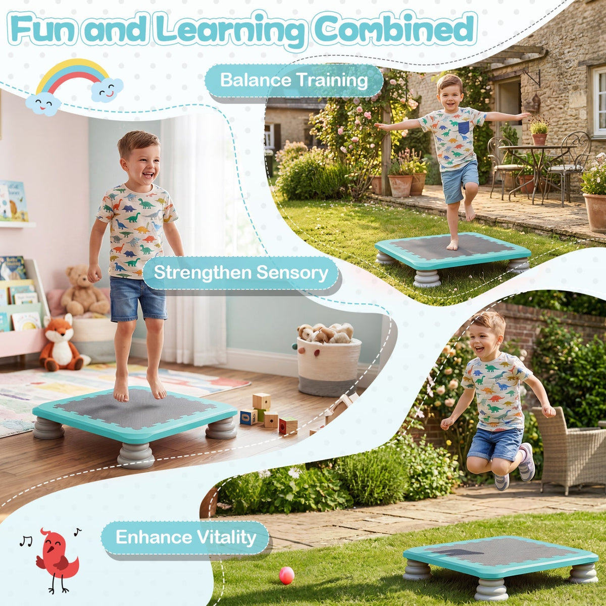 Kids mini trampoline with 25.5-inch size, non-slip foot pads, and colorful surface for safe bouncing fun.