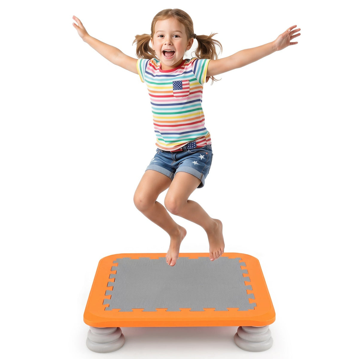 Kids mini trampoline by GBruno Store with 25.5-inch size and non-slip foot pads, suitable for indoor bouncing fun.