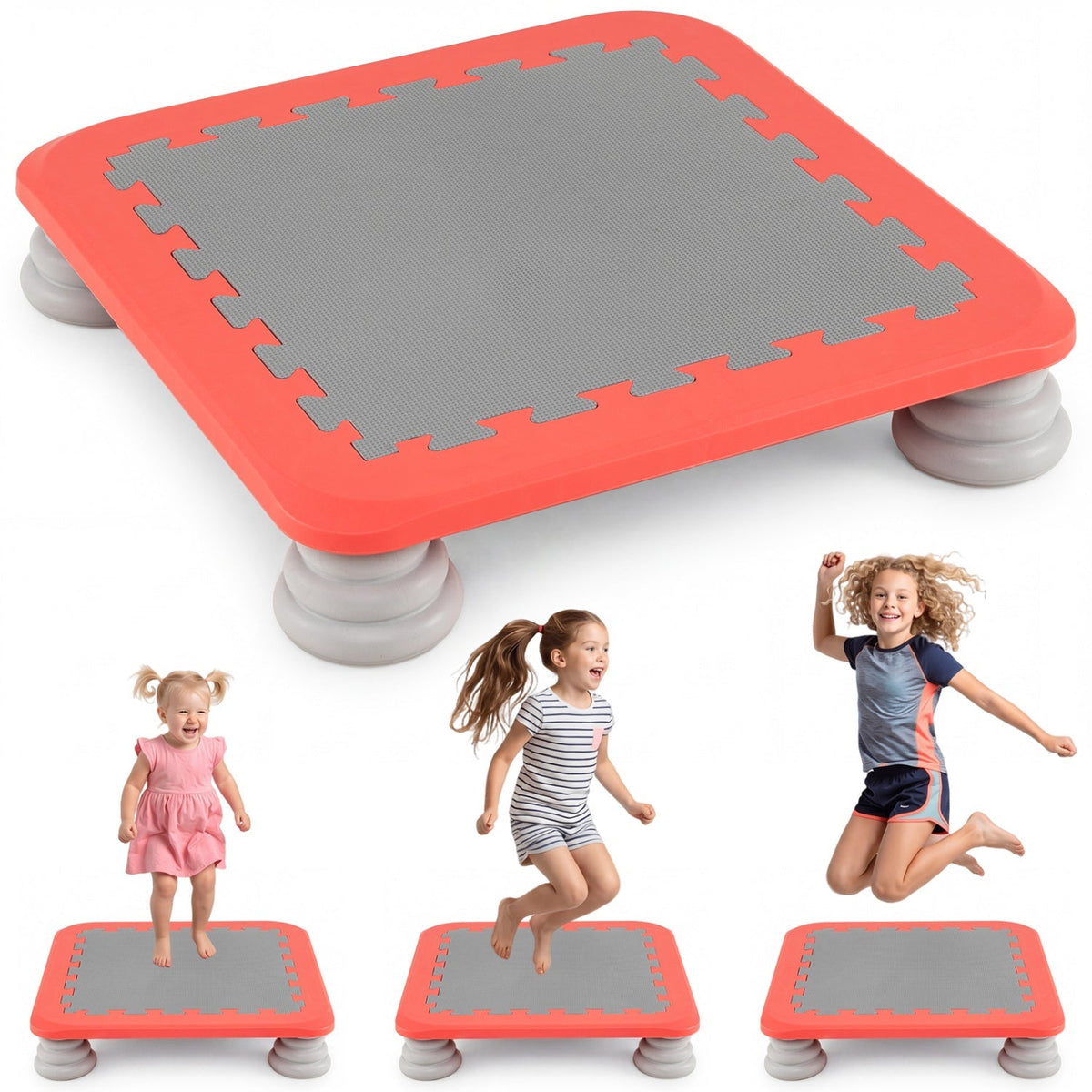 Kids mini trampoline with a 25.5-inch size, non-slip foot pads, and colorful safety padding for outdoor or indoor use.
