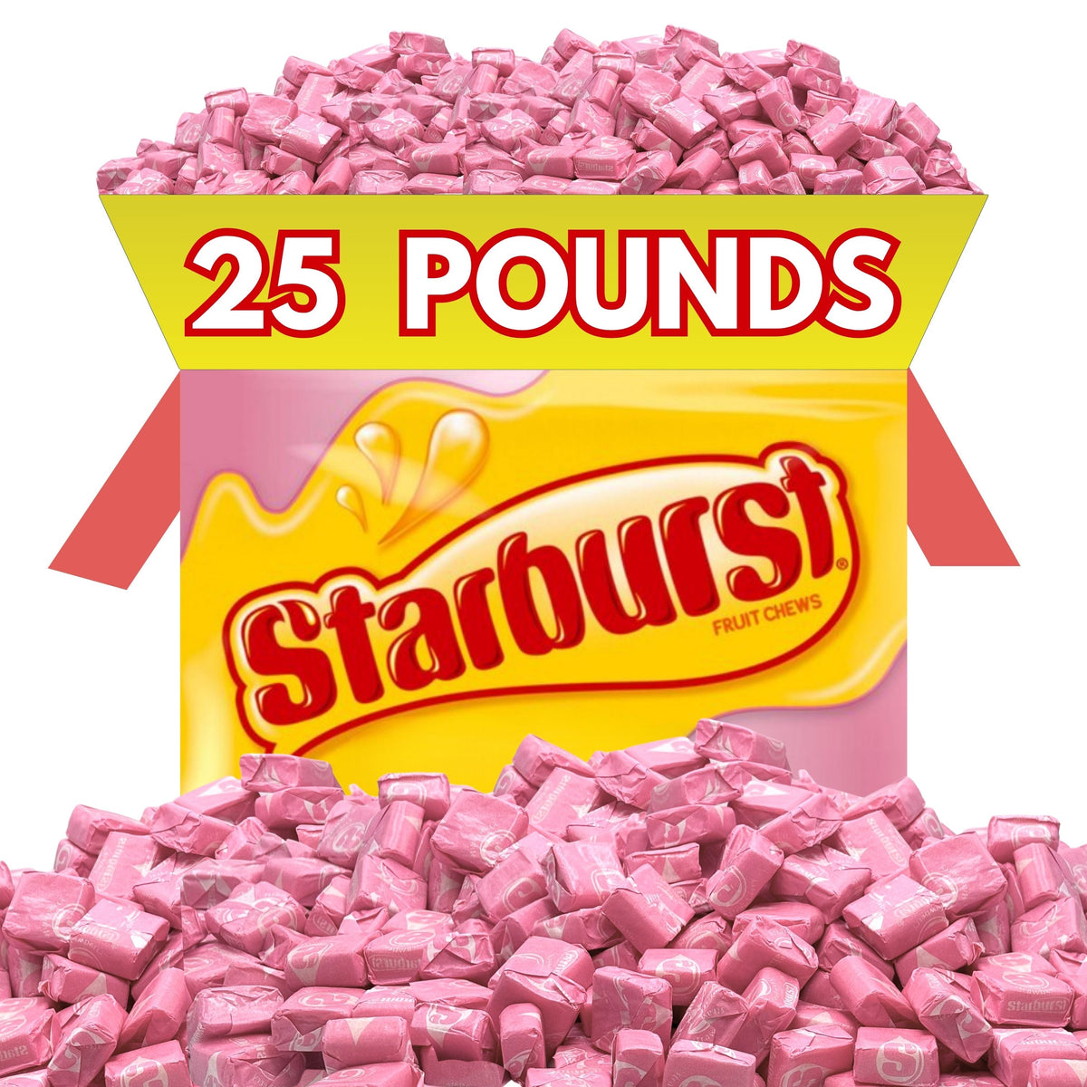 25-pound bag of Candy In Bulk Starburst All Pink Fruit Chews, colorful chewy pink candy pieces in large bulk package