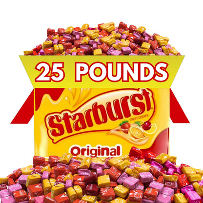 25lb bag of Candy In Bulk Starburst Original Fruit Chews, colorful assorted chewy candies in a large bulk package
