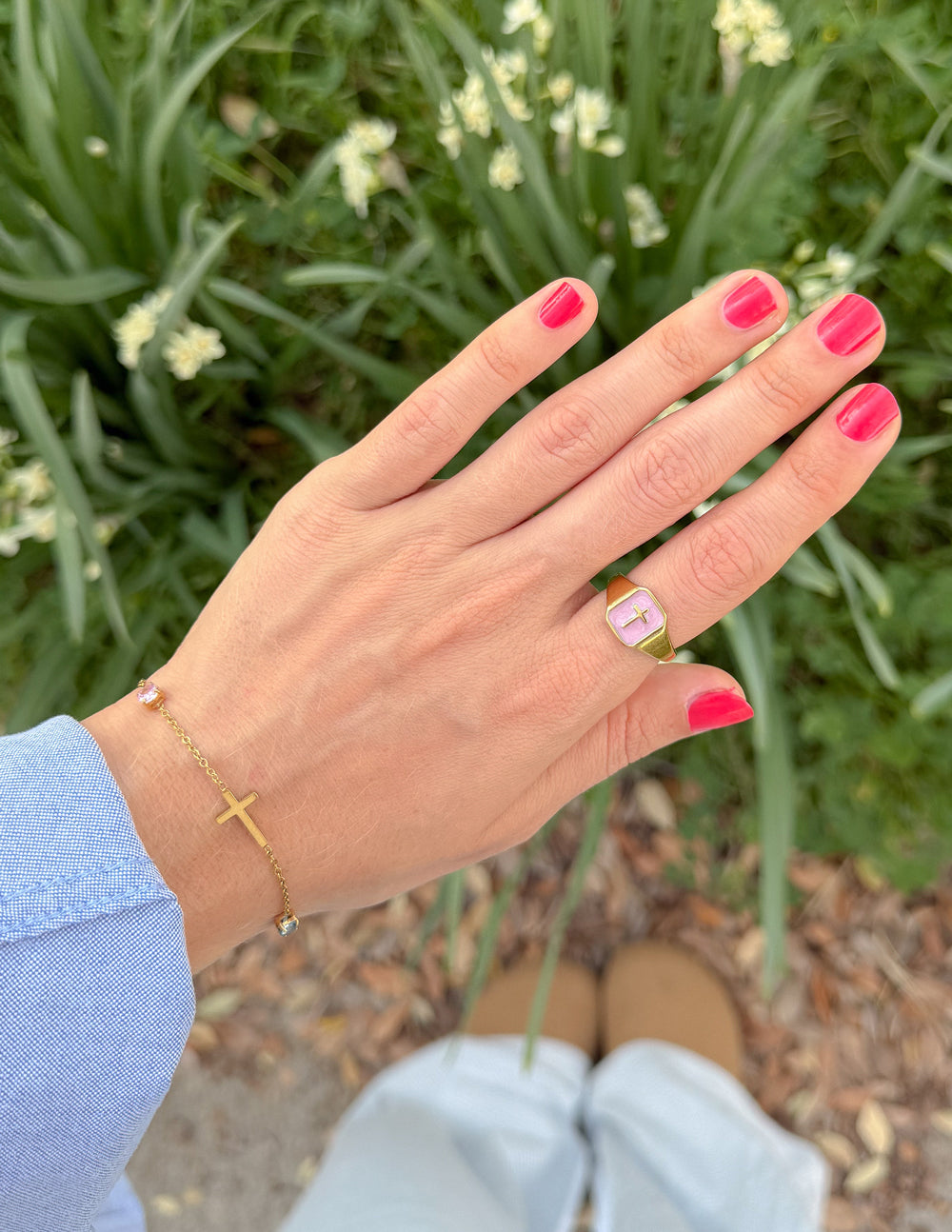 Lilac enamel cross ring by Elevated Faith featuring a silver band and a detailed cross design for a stylish religious accessory.