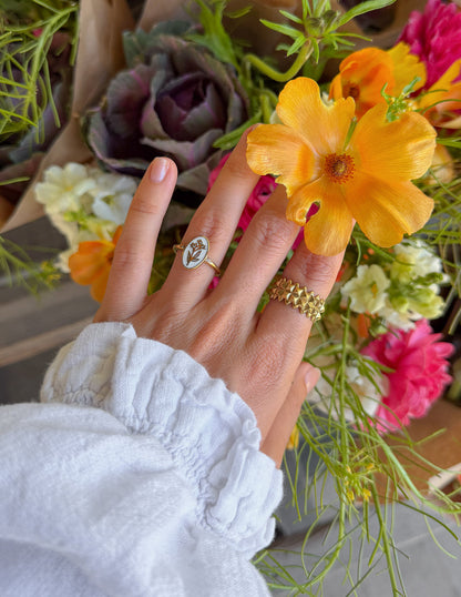 Elevated Faith Bloom Again enamel ring featuring a delicate floral design on a silver band.