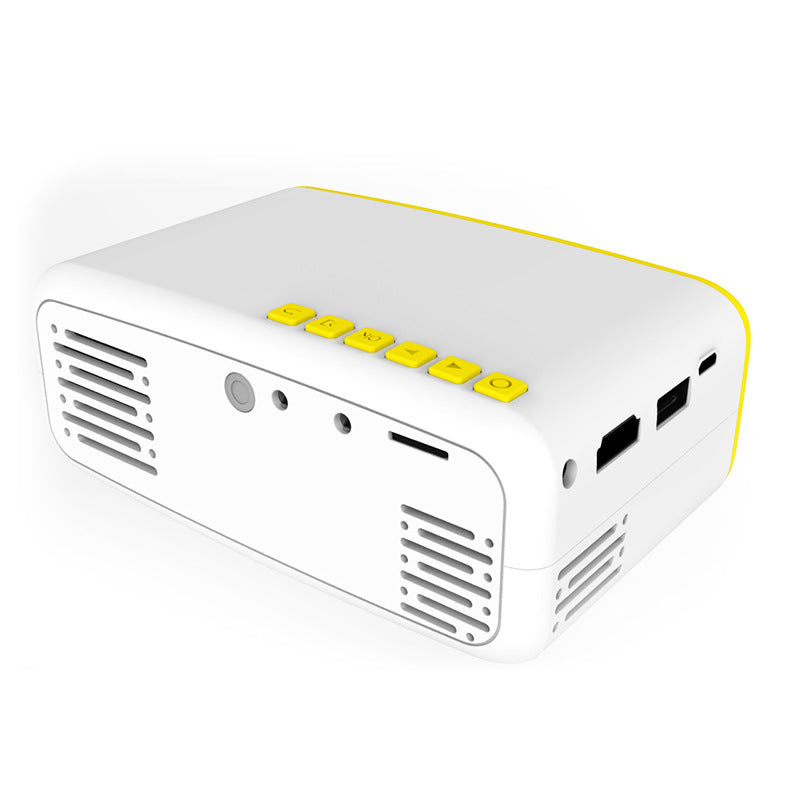 Miniature HD mini projector in compact design, viewed against a plain background