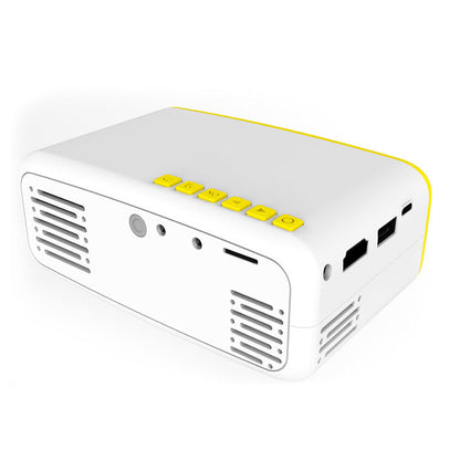 Miniature HD mini projector in compact design, viewed against a plain background