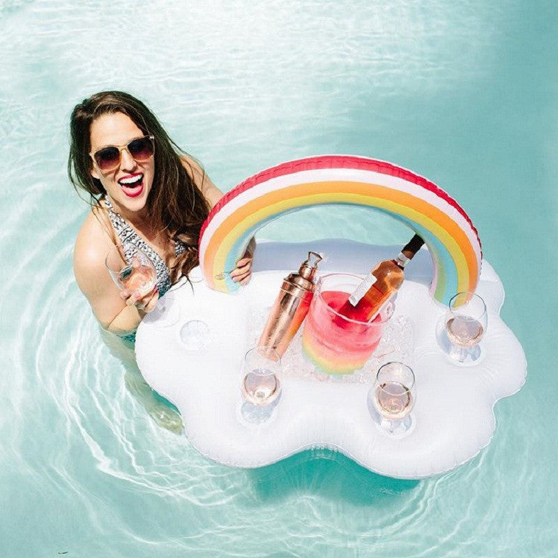 Gay pride rainbow inflatable pool float cooler with colorful rainbow design and built-in drink holder