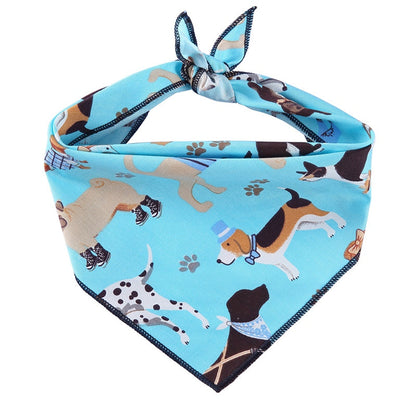 Dog triangle scarf in a patterned fabric, shown flat for a clear view of its shape and design