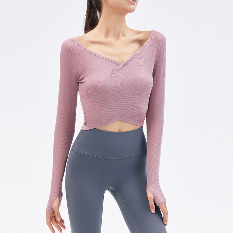 Women's autumn and winter yoga sports top by My Store, long-sleeve athletic shirt in close-up view