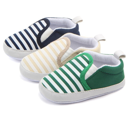Striped classic first walker loafers for newborn, toddler, baby girls and boys in soft casual style