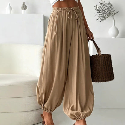 Women's summer loose drawstring wide-leg cropped harem pants with draped effect, My Store