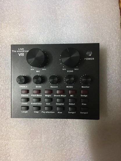 V8 universal mobile computer sound card with audio controls and input ports