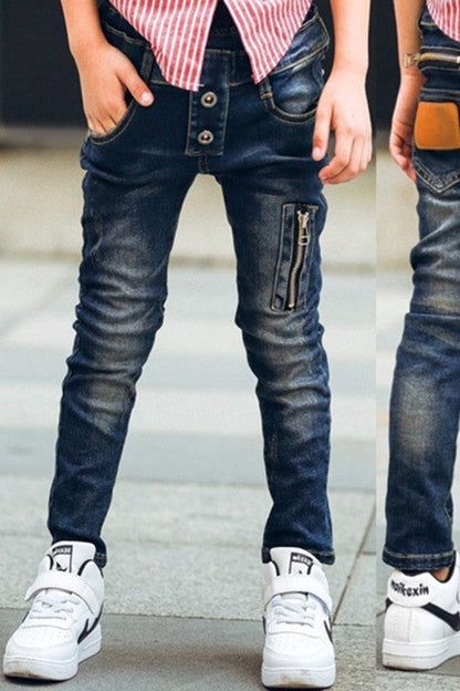 Boys stretch denim pants in a classic blue wash, featuring a comfortable flexible fit