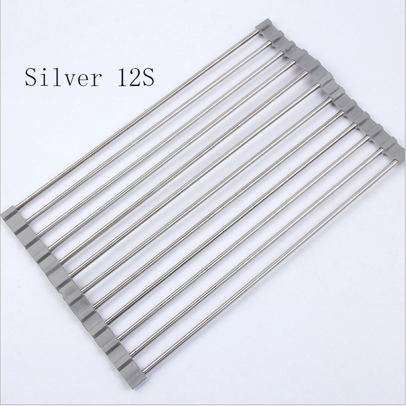 Folding stainless steel kitchen sink drain rack displayed over a sink