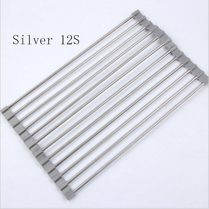 Folding stainless steel kitchen sink drain rack displayed over a sink