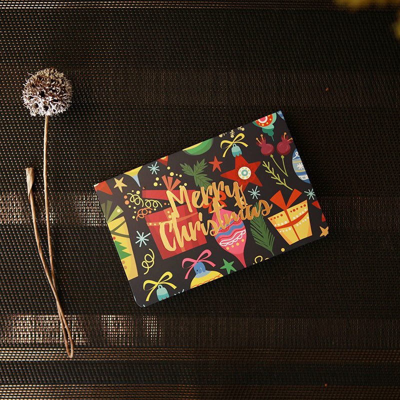 Christmas wishes greeting card with festive holiday design, front view