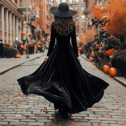Women's Halloween long-sleeve long velvet dress in rich, flowing fabric  