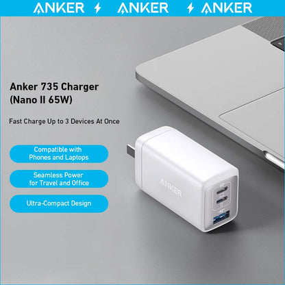Anker 735 Nano II 65W dual-port charger pack showing two compact chargers with USB-C and USB-A ports for fast charging.