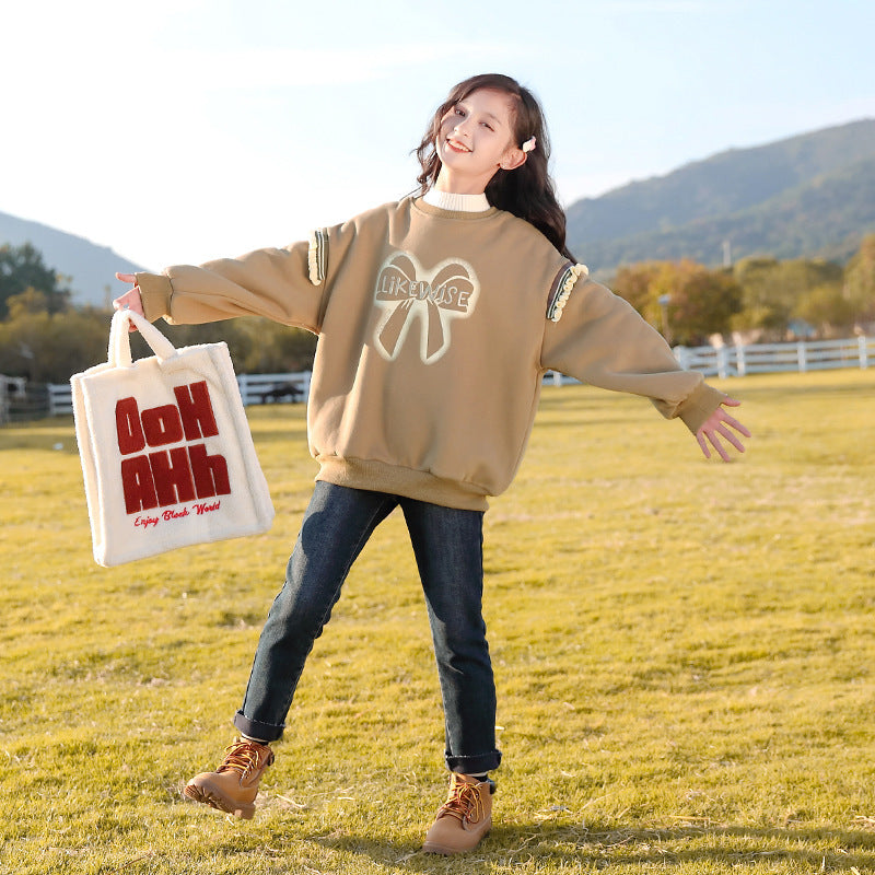 Girls' fleece-lined sweater for autumn and winter clothing in a cozy knit design