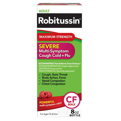 Robitussin CF Max Power cough and cold relief syrup in an 8oz bottle, designed to soothe coughs and cold symptoms.