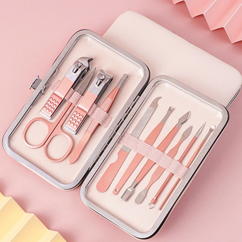 Nail set manicure pedicure scissors and nail care tools in a compact grooming kit