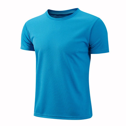 Lake blue quick-dry short sleeve sport T-shirt for men and women, breathable gym jersey ideal for running and fitness activities.