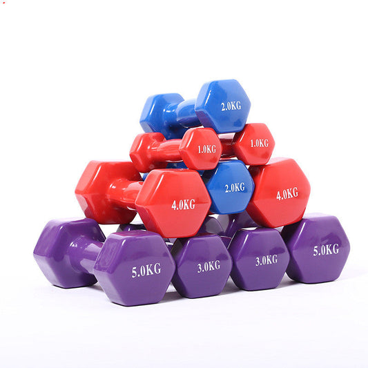 Color fitness dumbbells in assorted bright colors, close-up product view