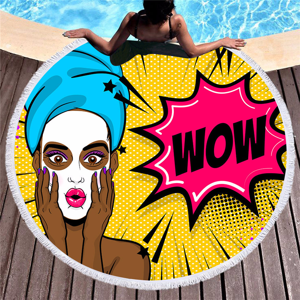 Retro round printed beach towel with colorful vintage pattern and circular design