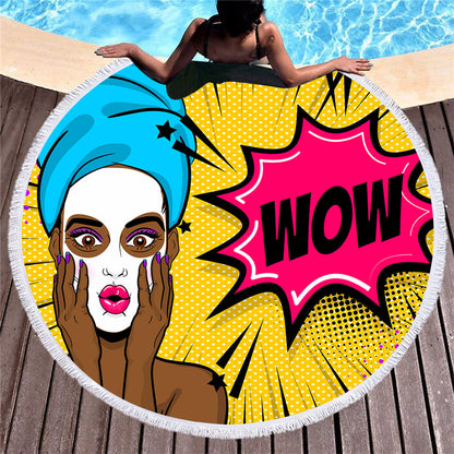 Retro round printed beach towel with colorful vintage pattern and circular design