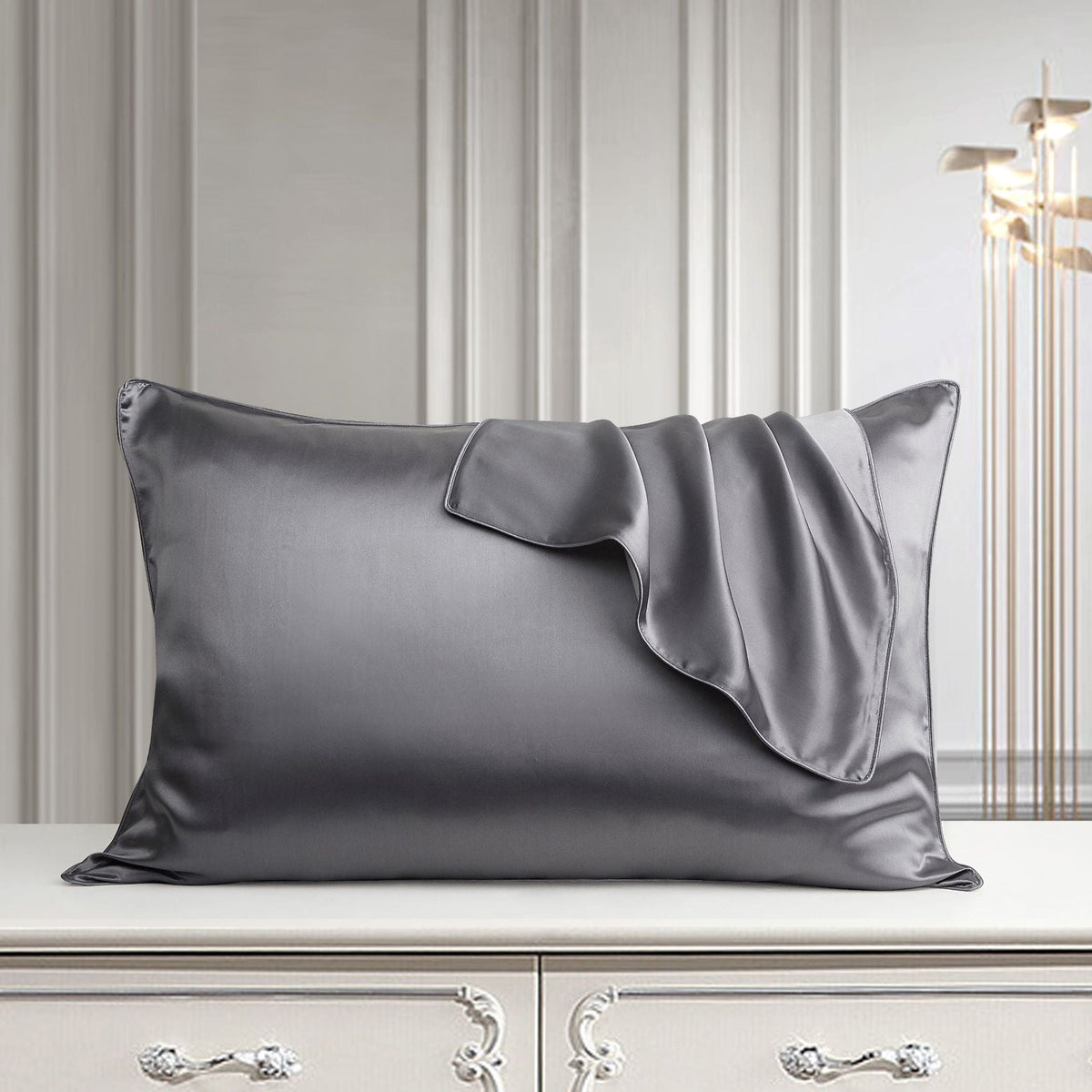 Pure silk pillowcase in natural silk fabric, smooth close-up view