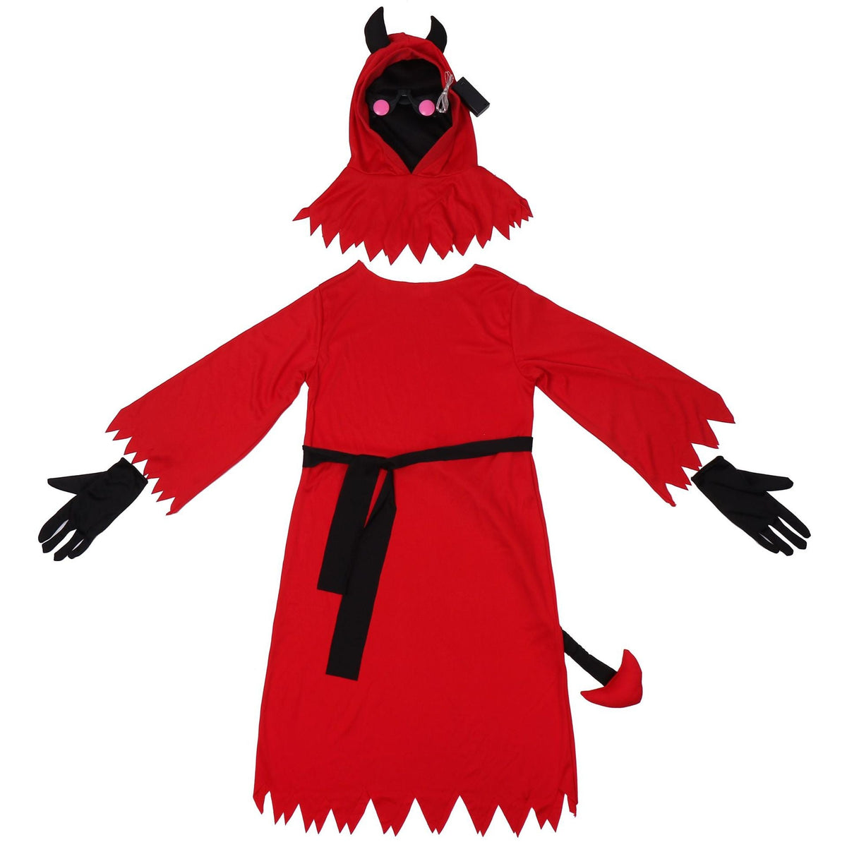 Halloween demon cosplay costume in black and red with horns and spooky details