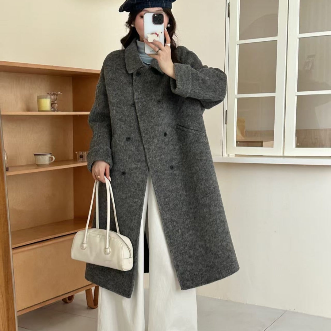 Peter Pan collar double-breasted double-faced wool coat in a classic tailored silhouette