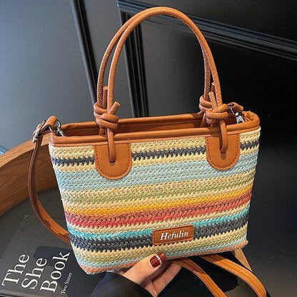 Summer vacation beach-style straw tote and crossbody bag with woven texture and adjustable strap