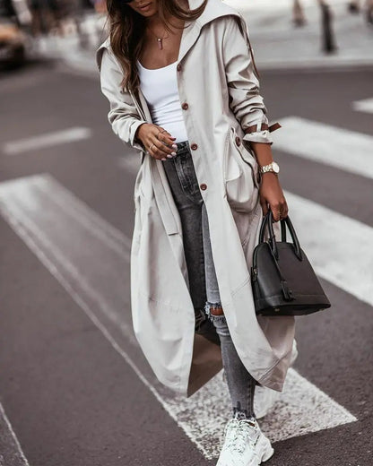Women's fashion personality casual mid-length lapel trench coat, front view