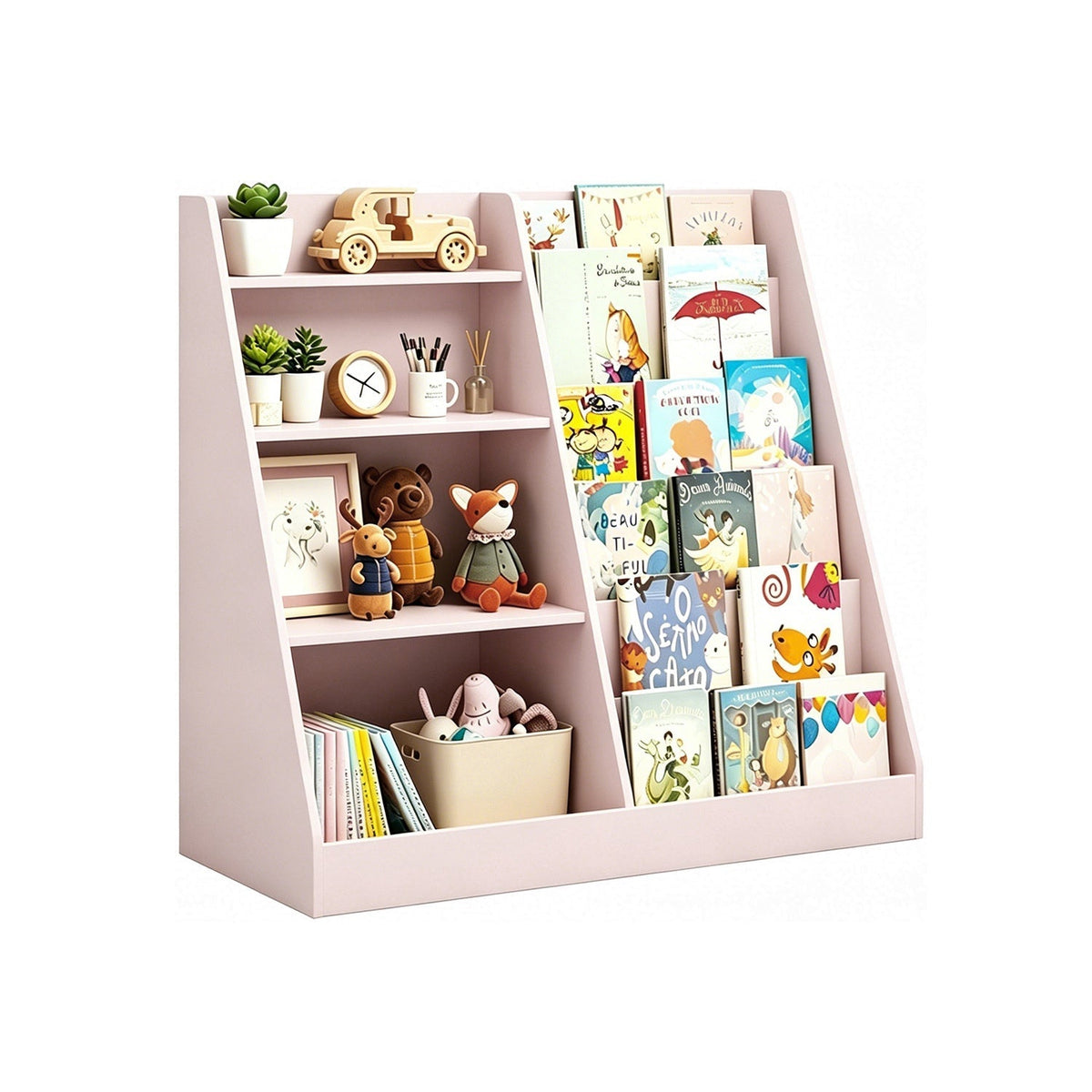 Kids bookshelf with toy storage organizer, GBruno Store 34.65-inch multi-tier wooden bookshelf with colorful bins and shelves for kids.