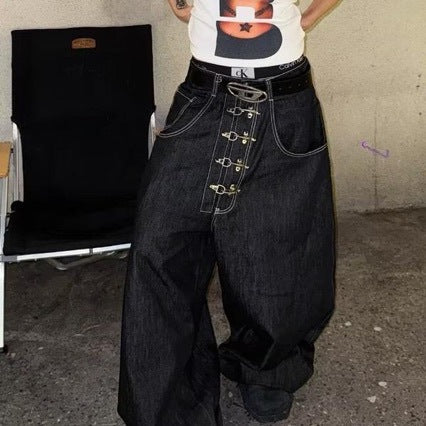 American-style streetwear retro machete jeans, detailed denim design with a rugged vintage look