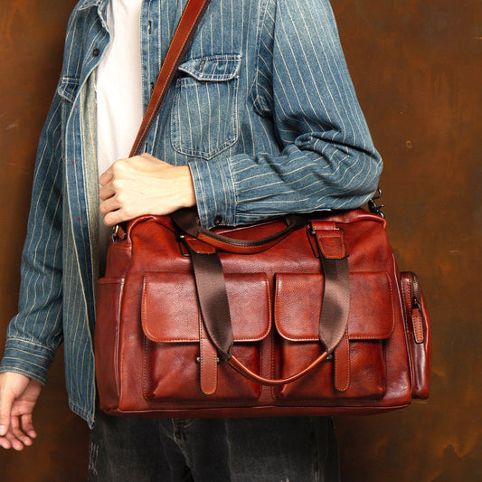 Full-grain leather vintage tote bag with large capacity and durable handles