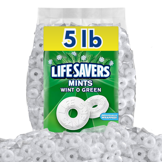 Life Savers Mints Wint-O-Green candy in bulk, featuring a clear bag with colorful round mints from Candy In Bulk.