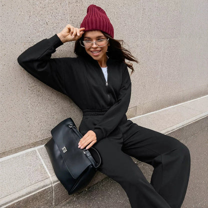 Women's casual long-sleeve zip-up collar jumpsuit in a relaxed fit