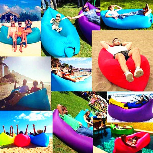 Outdoor fast-inflatable air sofa lounger, folding laybag air bed for beach relaxation and sleeping