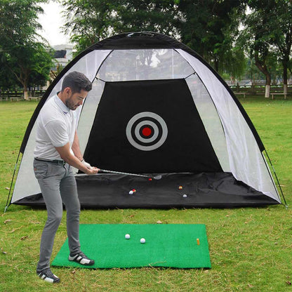 Golf practice net tent hitting cage with mesh enclosure on grass for outdoor training