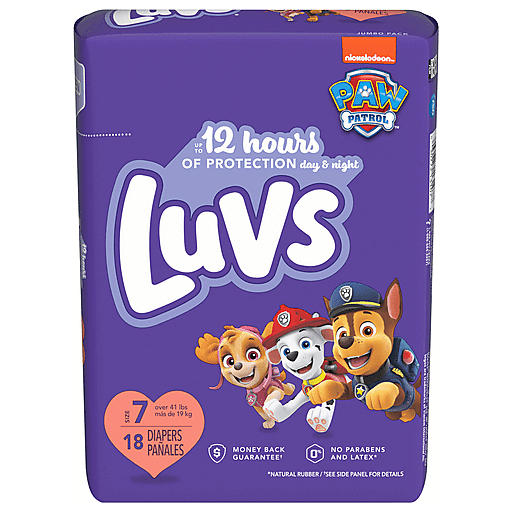 Luvs Size 7 diapers for over 41 lbs, featuring soft elastic waistband and absorbent core, designed for toddler comfort.